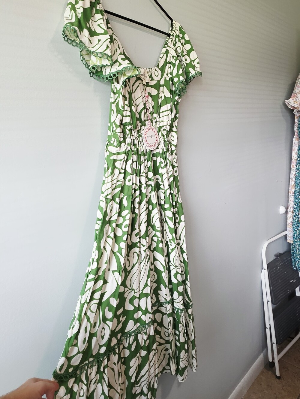 Umgee Green and White One-Shoulder Ruffle Maxi Dress